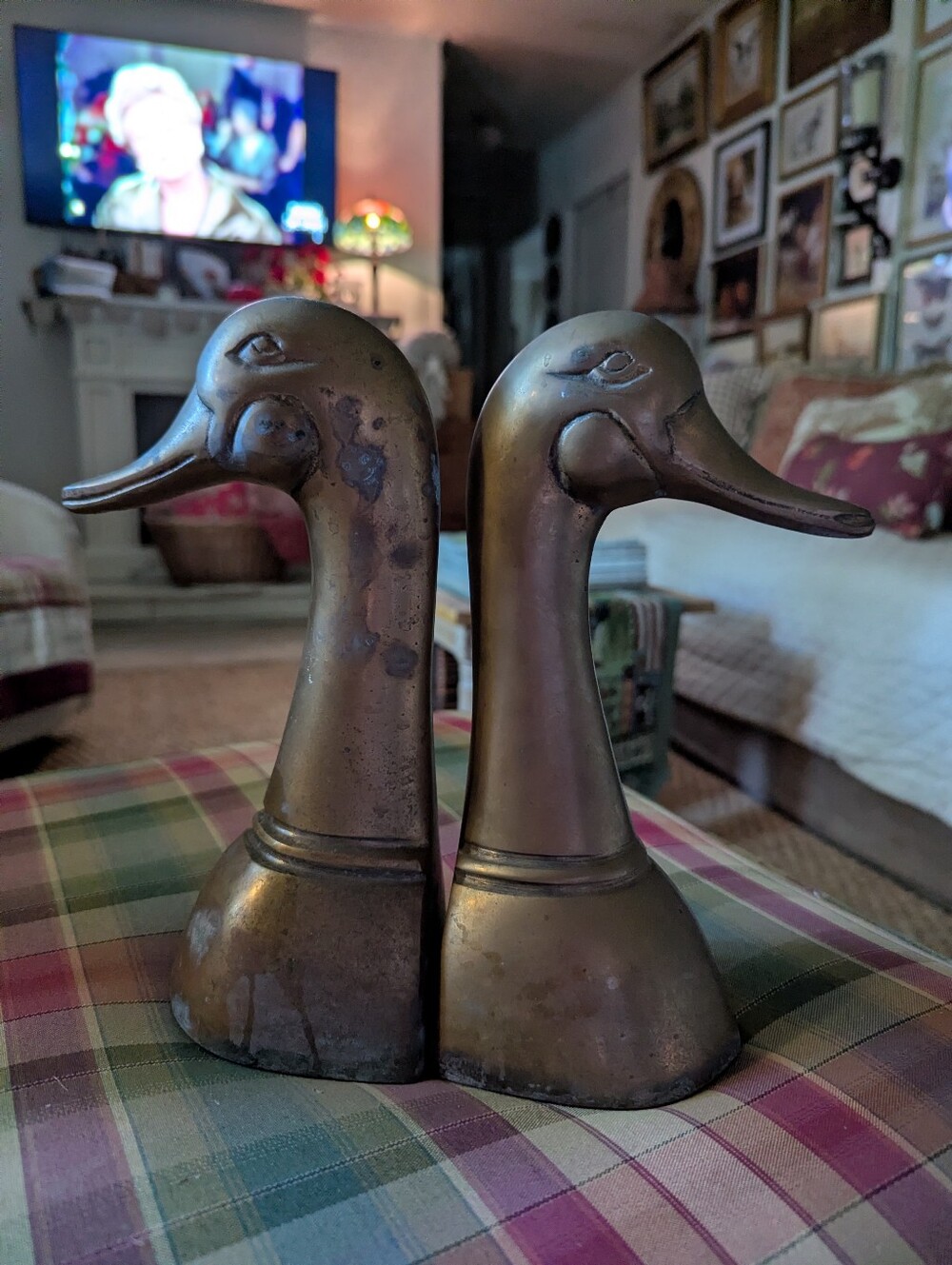 Set of 2 brass duck bookends with patina taller version